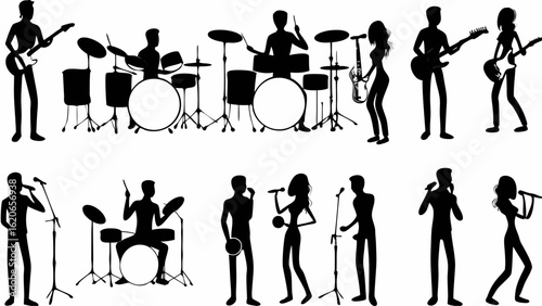 Silhouette illustration of a band performing with guitars drums saxophone and singers on a white background | editable eps vectors