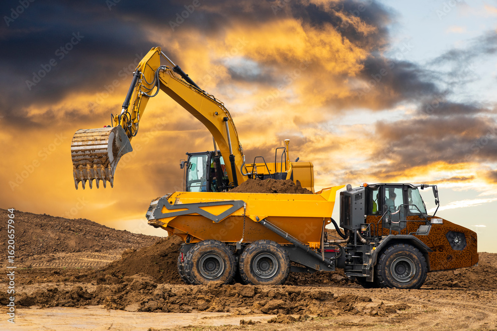 Ein Bagger belädt einen LKW und schaufelt eine Baugrube für das Fundament von einem neuen Wohnhaus - FOTOMONTAGE Ein Bagger belädt einen LKW und schaufelt eine Baugrube für das Fundament von einem neuen Wohnhaus - FOTOMONTAGE