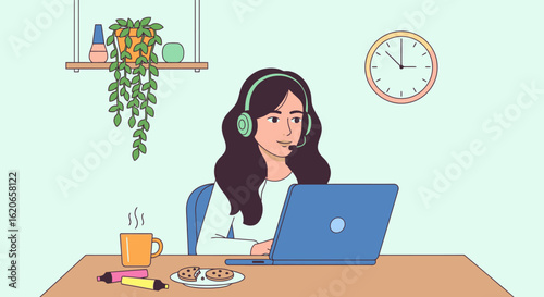 Friendly customer support agent assisting online with a smile and a warm drink