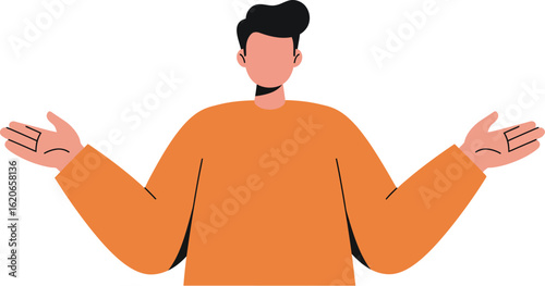 An illustration of a man with dark hair and an orange sweater, gesturing with open hands in a questioning or uncertain manner.