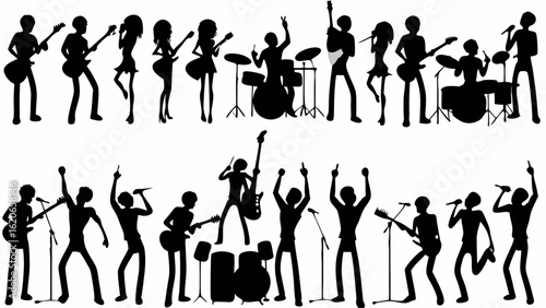Silhouette of a band performing on stage with musicians playing instruments and singing to an audience | editable eps vectors