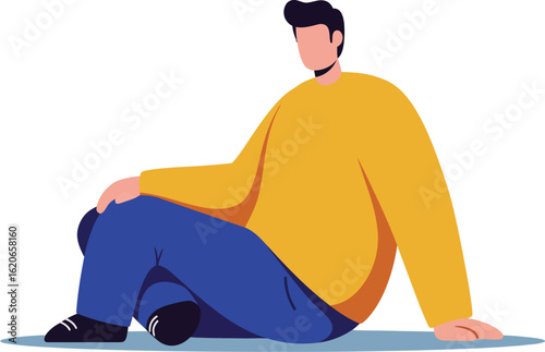 A faceless man sits casually on the ground, wearing a yellow sweater and blue pants in a vector illustration.