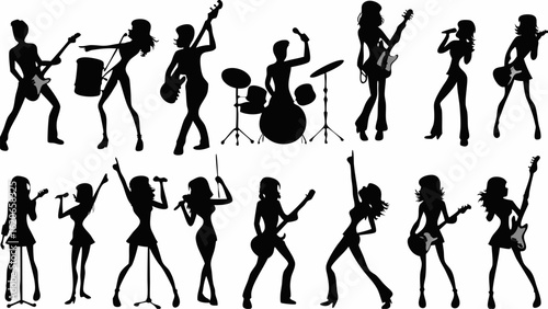 Silhouette illustration of a band performing with guitars drums and singers on a white background stage | editable eps vectors