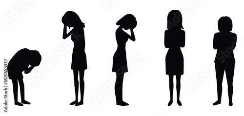 Silhouettes of Sad Woman in Various Poses Representing Depression and Anxiety – Vector Illustration