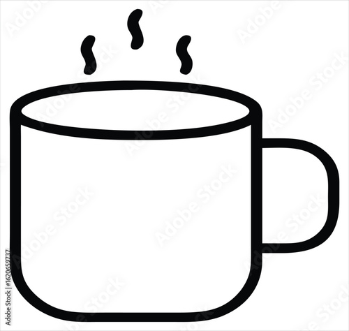 Simple line drawing of a steaming coffee mug representing warmth and comfort in a minimalist style. This minimalist vector illustration is perfect for use in café branding, product packaging lifestyle