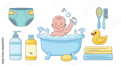 Adorable Baby Enjoying Bath Time Bubbles With Toys And Essentials For Hygiene