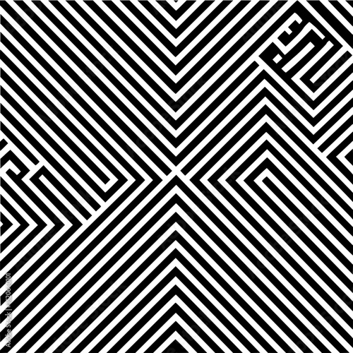 Abstract black and white geometric pattern featuring angular lines and maze like square designs in corners