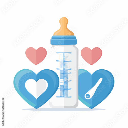 Welcoming a newborn with love, a concept illustration showing a baby feeding bottle and a positive pregnancy test surrounded by hearts