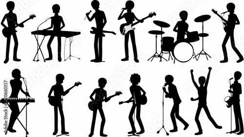 Silhouette illustration of a band performing with instruments including guitar drums keyboard and saxophone | editable eps vectors