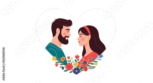 A Loving Couple Surrounded by a Heart of Colorful Flowers and Artistic Flourishes