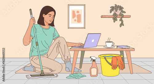 Young woman balances home chores and remote work, cleaning while staying productive