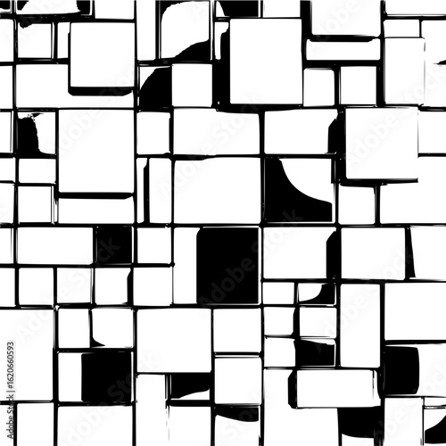 Abstract monochrome pattern of irregular squares and rectangles with dynamic shadow effects creating depth