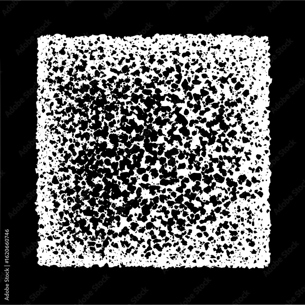 Dense square pattern of black specks on a white background with a black border creating contrast