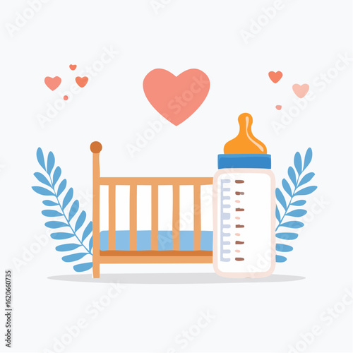 Adorable nursery scene illustration with a baby's crib, feeding bottle, and decorative hearts, symbolizing newborn love and childcare