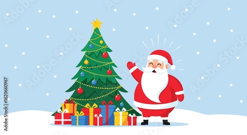 Santa Claus Waving Next to Decorated Christmas Tree and Presents