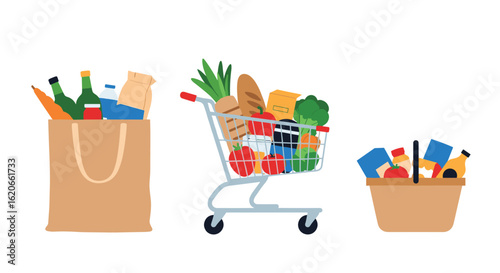 Grocery Shopping Items Transported in Shopping Bag Cart and Basket Fresh Produce and Packaged Goods