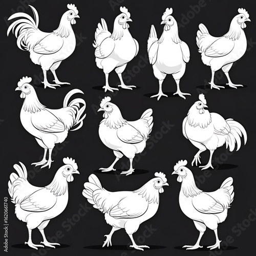 Silhouettes of chickens in various poses—perfect vector set for farm designs, agriculture branding, poultry icons, rural illustrations, and craft projects.