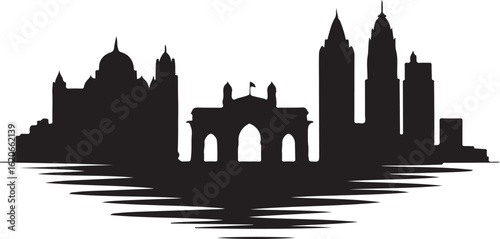 Black and White Mumbai City Skyline Silhouette Vector