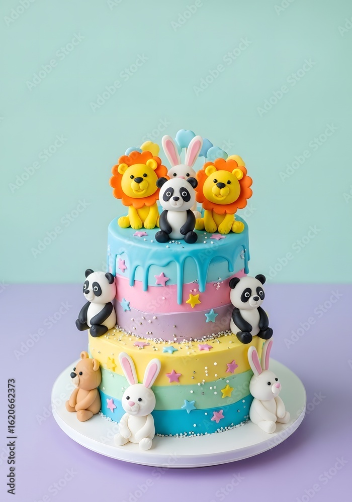 Obraz premium Two-tiered birthday cake with pastel layers and playful animal figurines.
