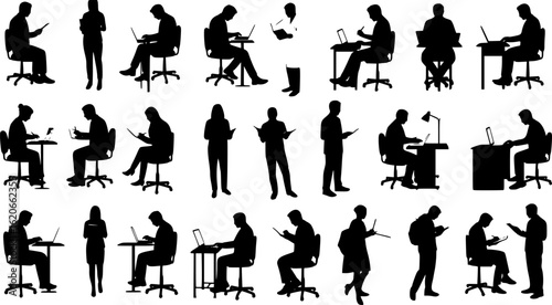 Studying people working silhouettes set, large pack of vector silhouette design, isolated white background
