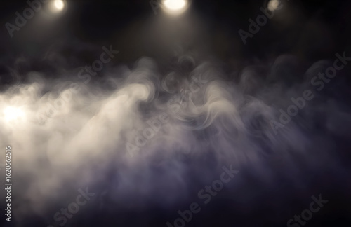 Hazy atmosphere with blue-tinted lighting, moody backdrop with subtle glow