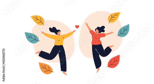 Two Friends Dancing Joyfully Surrounded by Falling Autumn Leaves Celebrating Friendship and Happiness