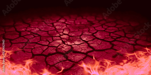 Cracked earth surface with glowing pink fire. Abstract background for presentations and demonstrations, banner with pink fire.