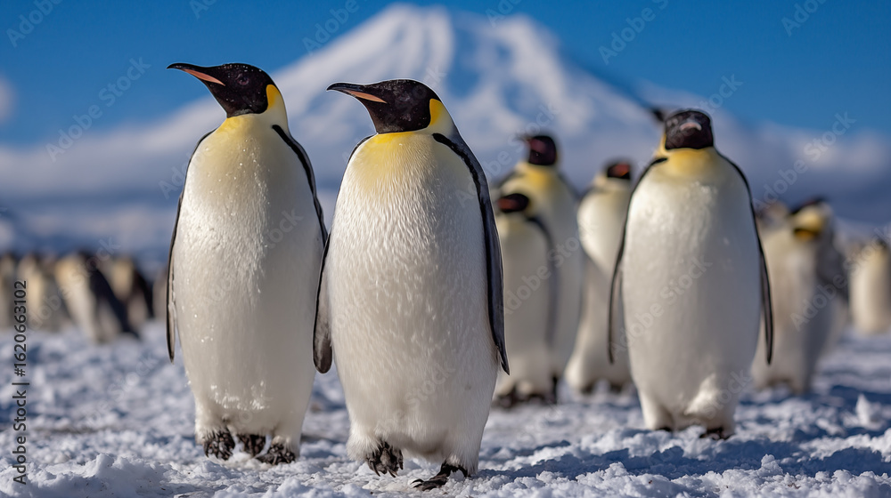 Fototapeta premium Many penguins are walking on an iceberg with snowy mountains in the background, arctic environment, clear blue sky