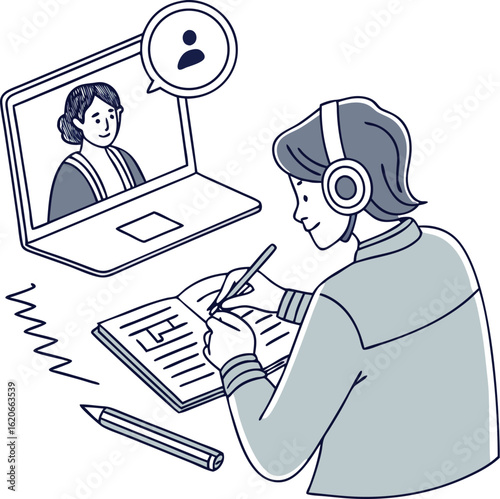 Online Learning Illustration: A graphic illustration depicts a student engrossed in a virtual lesson, attending a video call, taking notes, and highlighting the focus of modern education