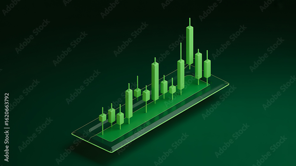 Fototapeta premium Green candlestick chart showing upward trend on dark background