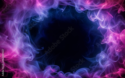 Multicolored swirling smoke around dark space for text. Psychedelic light show design ideal for creative banners
