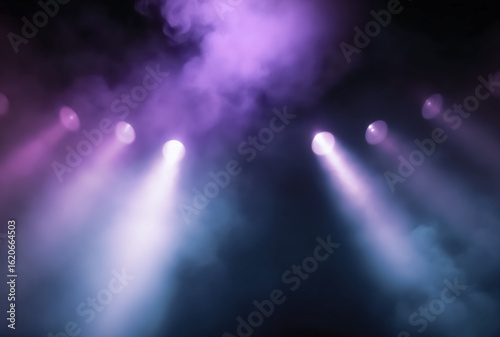 Colorful spotlights illuminating black background. Ideal for entertainment banners with bold contrasts and bright colors
