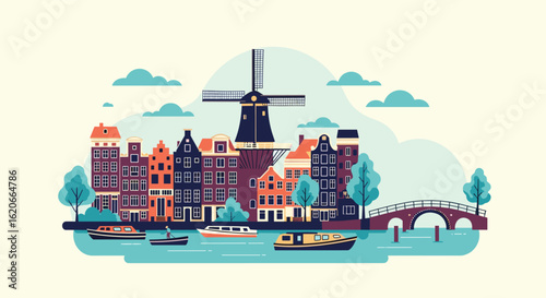 Charming Dutch Canal Houses and Windmill Under a Cloudy Sky