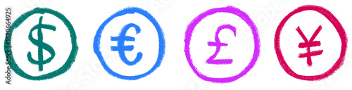 Currency Icons In Circle Dollar Euro Pound Yen Crayon Chalk Drawing Doodle Vector Set