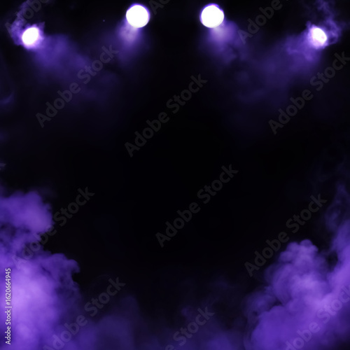Purple spotlights and smoky haze on dark backdrop. Dramatic concert banner with bright lighting and atmospheric visuals