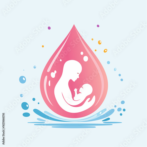 Mother and Baby in a Pink Water Drop Symbol of Birth, Parenthood, and Nurturing