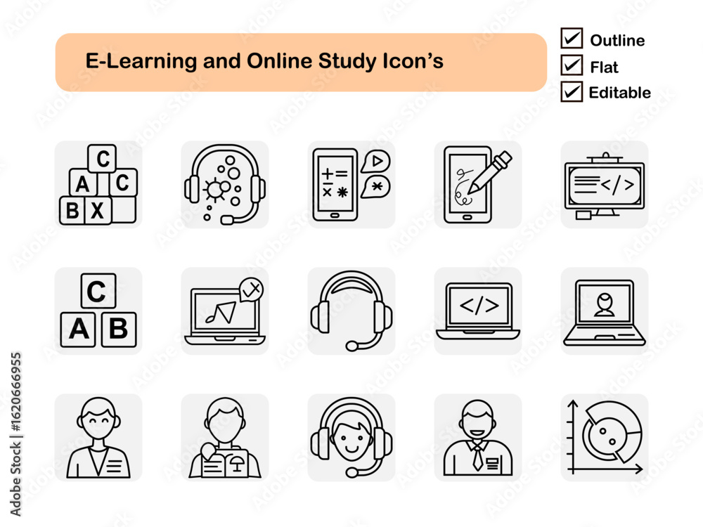 Fototapeta premium Modern outline icon set for e-learning, online study, distance education, and virtual classrooms. Editable vector EPS file, perfect for web, app, and digital content.