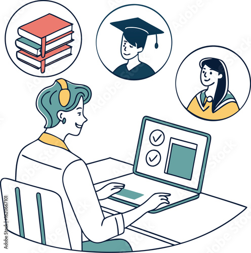 Digital Learning Experience: A depiction of a person in education world with a laptop, books, and a graduate student.