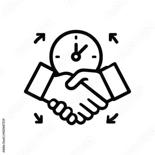 Timely Agreement Icon - Handshake with Clock Symbolizing Efficient Collaboration and Deadline Commitment - Modern Line Art on Transparent Backdrop