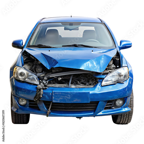 Front view of damaged blue car after a severe collision isolated on white background PNG.AI.Generated.