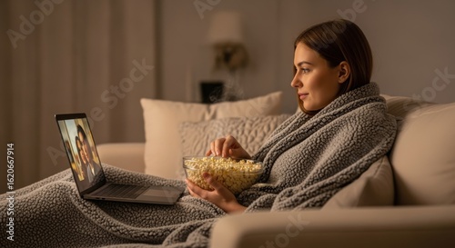 Woman Relaxing Watching Movie With Popcorn At Home