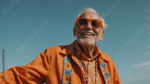 Old American man wearing orange themed fancy summer outfit looking up on clear sky background, smiling while looking at the sky panoramic view