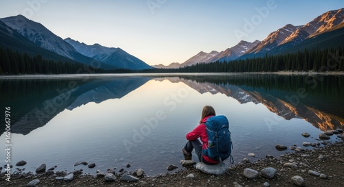 Hiker Resting by Mountain Lake During Sunrise Reflection