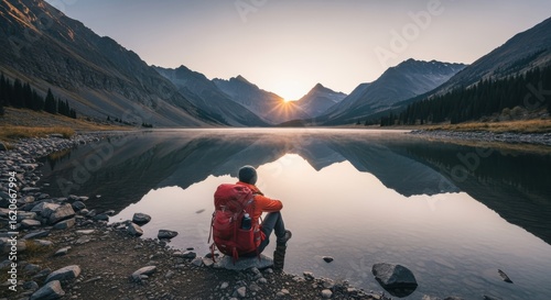 Hiker Resting by Serene Mountain Lake at Sunset