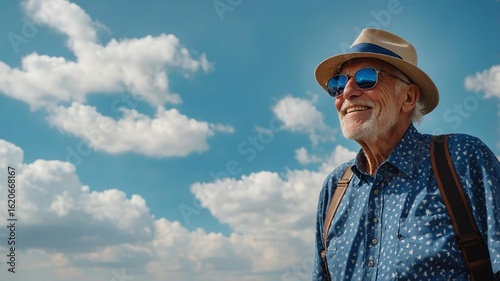 Old American man wearing blue themed fancy summer outfit looking up on clear sky background, smiling while looking at the sky panoramic view
