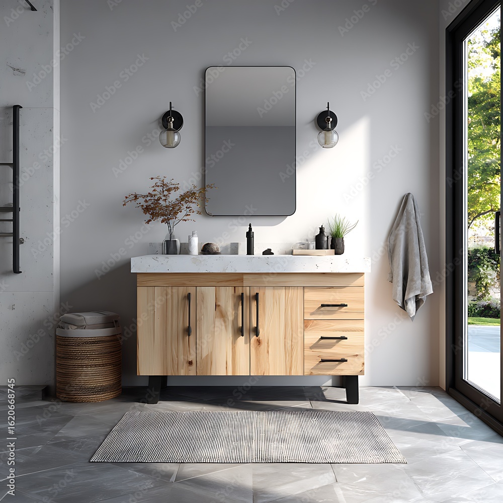 Fototapeta premium Modern wood vanity with black hardware and mirror isolated on white background