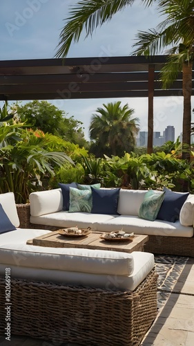 Wallpaper Mural Luxurious Outdoor Lounge Area with Palm Trees and City Views, Modern Patio Furniture Set in a Tropical Setting Torontodigital.ca