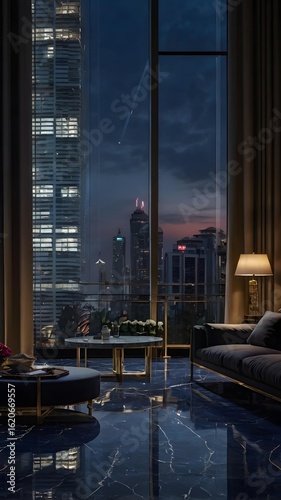 Luxury Apartment Interior with City View at Night, Modern Living Room with Marble Floors and Illuminated Skyscrapers