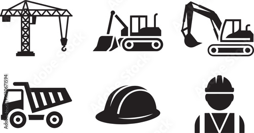 Construction Site Equipment Icons Set Vector Illustration Black and White Silhouette Style Isolated