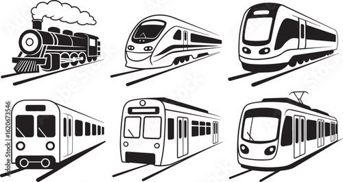 Diverse Train Collection Steam, Bullet, Subway, Tram, and Modern Train Vector Illustrations
